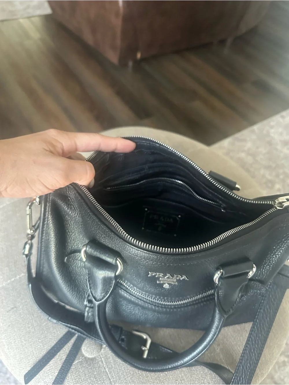Prada Black Pebbled Leather Messenger Bag with Silver-Tone Hardware